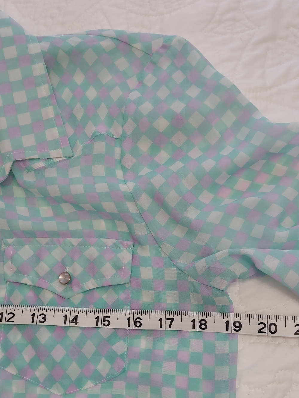 About A Girl Los Angeles Aqua & Lavender Check Blouse Size Medium Pearl Buttons - Picture 7 of 8